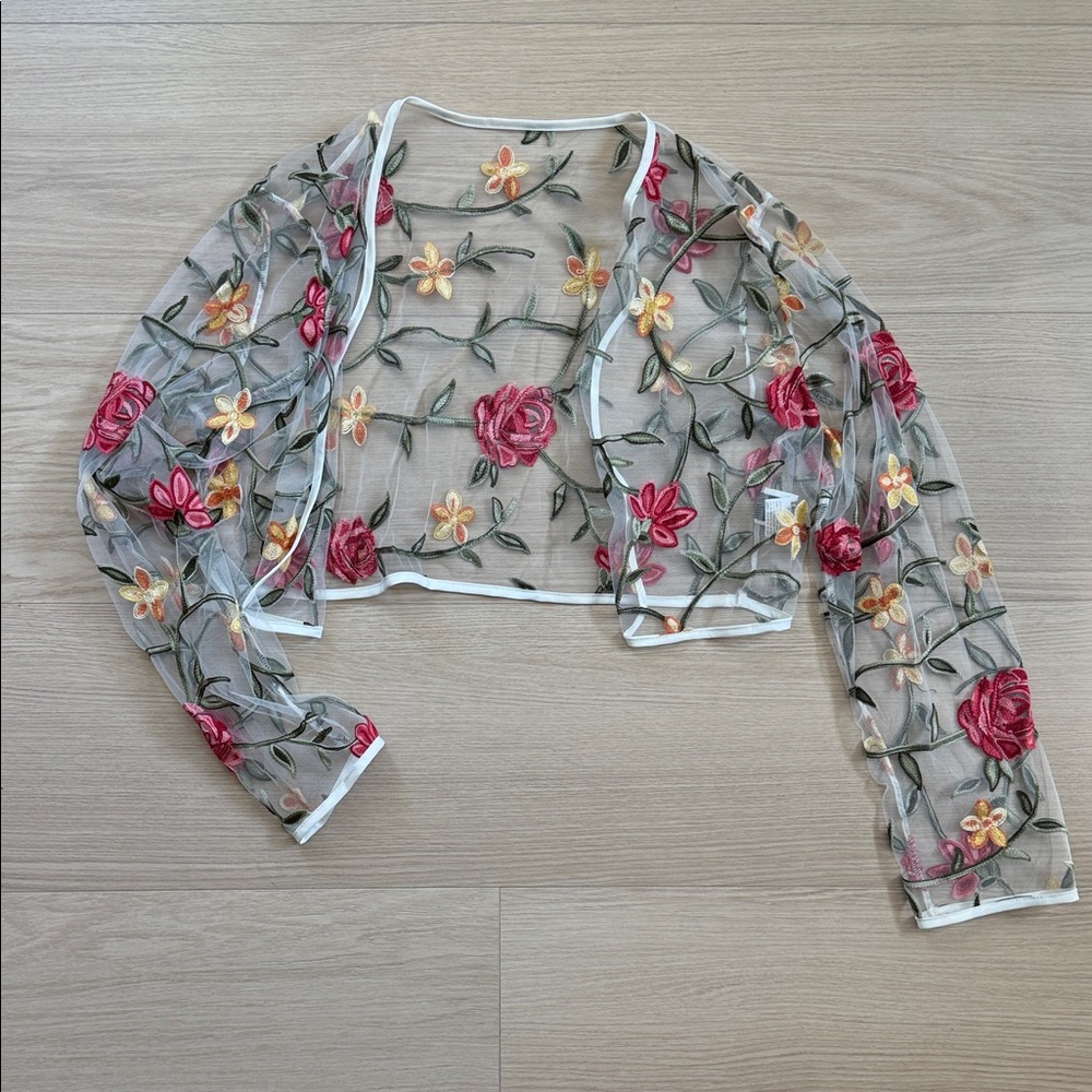 SHEIN Floral Embroidered Sheer Cardigan - Red, Yellow, Green